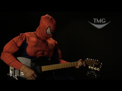 Spiderman Shreds TMG Guitar Co. NIgel Hendroff Signature Scarlett playing the DRHIVE