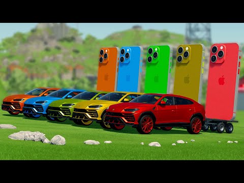 LOAD & TRANSPORT NEW IPHONE 15 WITH LAMBORGHINI CARS AND TRACTORS - Farming Simulator 22