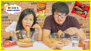 Extreme Spicy Noodle Challenge 2x! Loser drinks Hot Sauce with Ryan's Family Review!