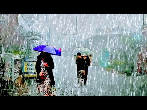 Extreme Weather in Indonesia,Walking in Super Heavy Rain & Strong Winds in  my City Very Cold