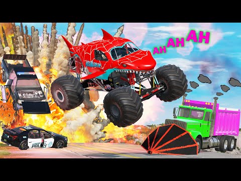 Monster Trucks Flatbed Trailer Truck Car Rescue Bus - Monster Trucks Mud Battle - BeamNG Season 3