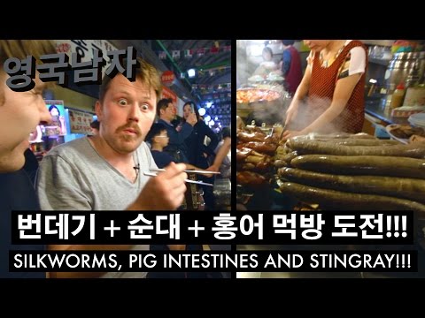 한국 처음 가본 영국인!! 광장시장에서 번데기+순대+홍어 먹방 도전!!!  //  Silk Worms and Stingray at a Korean Market!!!
