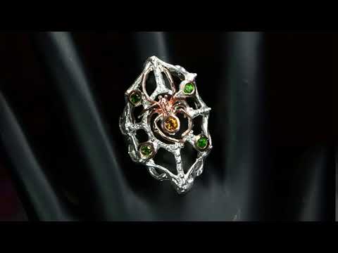 Срібне кільце з натуральними Хромдіопсидами і Цитрином "Павучиха" 17.5р видео