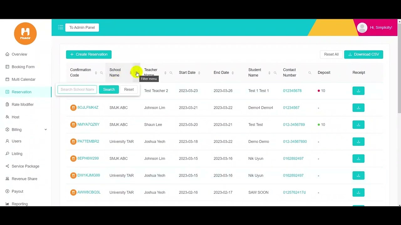 Hands Asia Admin Panel - Reservation