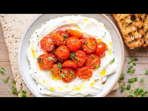 Super smooth and creamy Whipped Ricotta Dip topped with sweet roasted tomatoes!