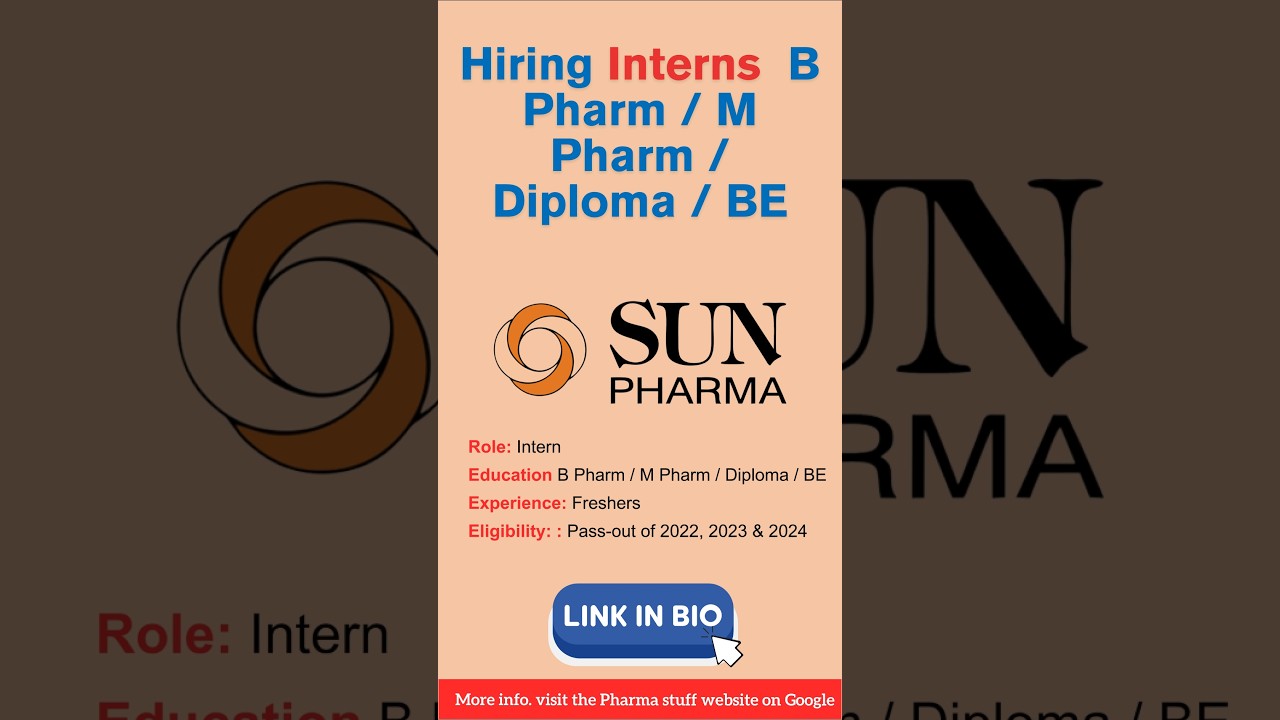 Sun Pharma Apprenticeship Opportunity for B Pharm / M Pharm / Diploma / BE Graduates#pharmacist #job