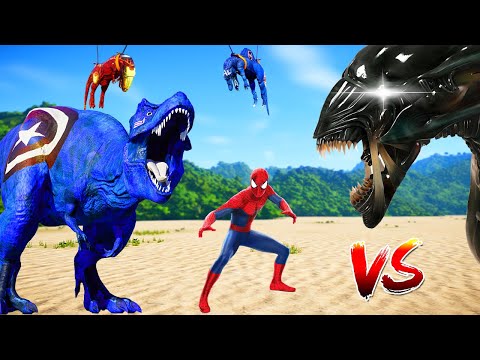 Xenoraptor Alien vs Captain America TREX, Spider-Man IREX Dinosaurs Fight 🌍 Jurassic World Evolution