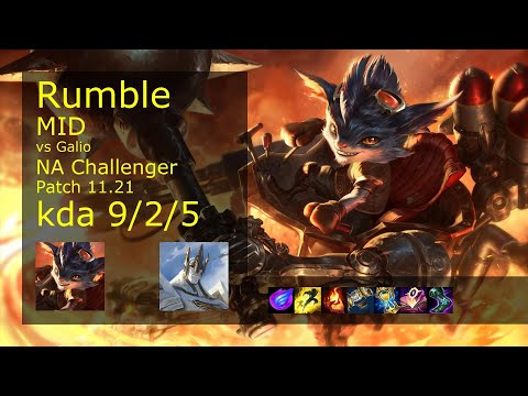 Rumble Mid vs Galio - NA Challenger 9/2/5 Patch 11.21 Gameplay