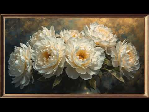 Vintage Weiße Pfingstrosen | Goldrahmen TV-Kunst | Blumen-Stillleben auf dem Bildschirm