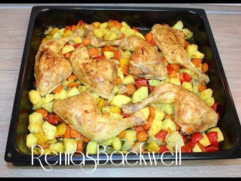 Hähnchenschenkel auf Gemüse aus dem Backofen | Einfach & Lecker