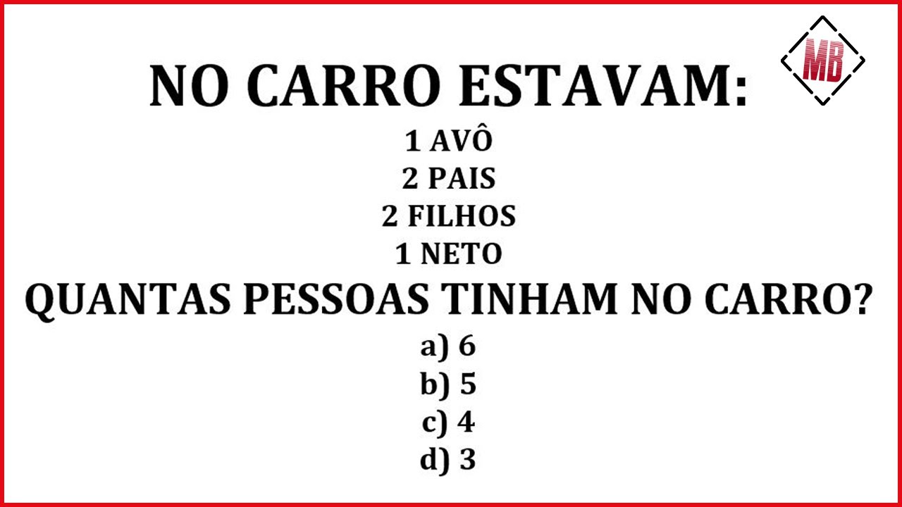 No carro estavam [1 AVÔ 2 PAIS 2 FILHOS 1 NETO] ... | Você consegue resolver esse desafio