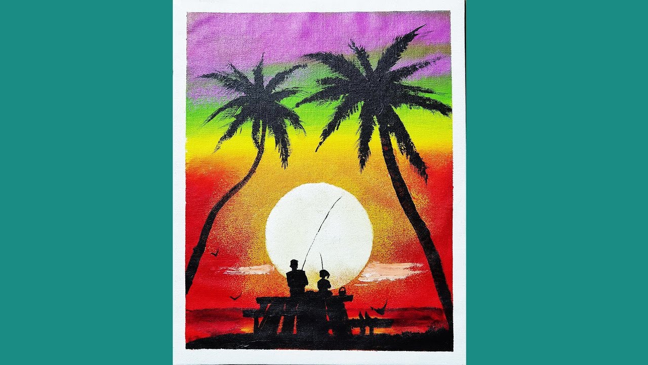 Father and Child Fishing Sunset | acrylic painting for beginner
