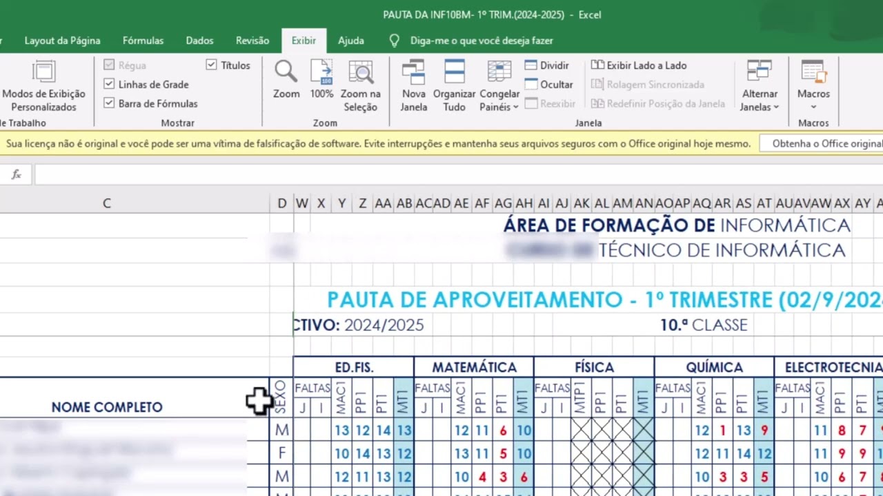 Congelar celulas com Excell (Exemplo com Pauta Escolar)