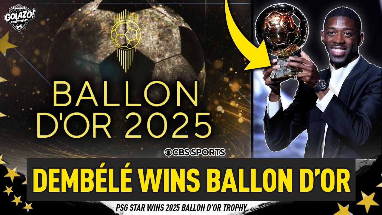Ousmane Dembélé celebrating his 2025 Ballon d'Or win with the trophy
