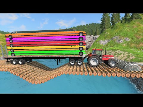 Flatbed Trailer Tractor Truck Speed Bumps Car Rescue - Long Cars vs Deep Water - BeamNG.Drive
