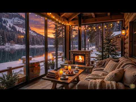 Cozy Winter Sunset 🌅 Relaxing Jazz & Fireplace Cabin Ambience ☕️ [4K]