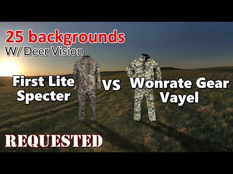 First Lite Specter Vs Wonrate Gear Vayel hunting camo in Human and Deer Vision on 25 Backgrounds