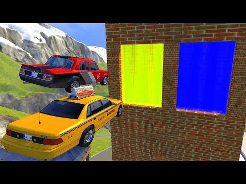 Crazy Vehicle High Speed Jumping through Yellow Or Blue Slime Water Wall Crashes - BeamNG drive