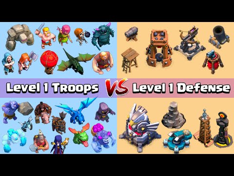Level 1 Troops VS Level 1 Defenses | Clash of Clans Gameplay