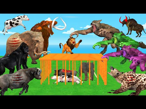 10 Zombie wolf Lion vs 5 Hyenas Attack Baby Cow Buffalo Elephant  Saved by 2 Woolly Mammoth Elephant