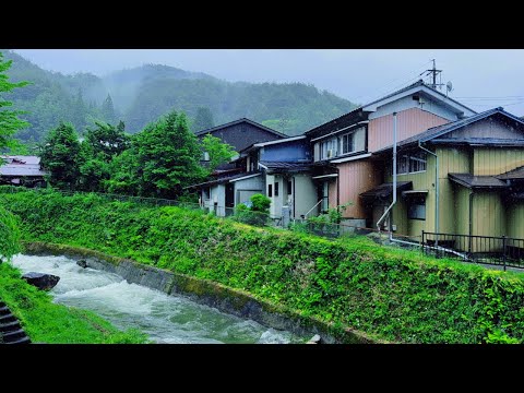 Japan Heavy Rain Walk | Village Streets Walking Tour in Rainy Nagano | 4K HDR