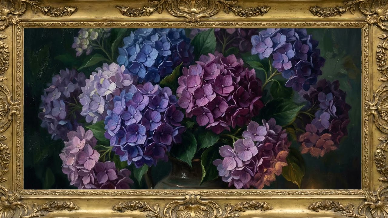 Dark Moody Hydrangeas + Old Money - Floral Gold Frame TV Art | 4K — 4K ambient art screensaver in baroque gold frame