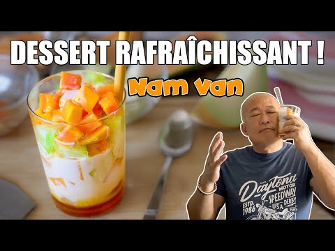 Refreshing fruit salad with melon, papaya and coconut milk