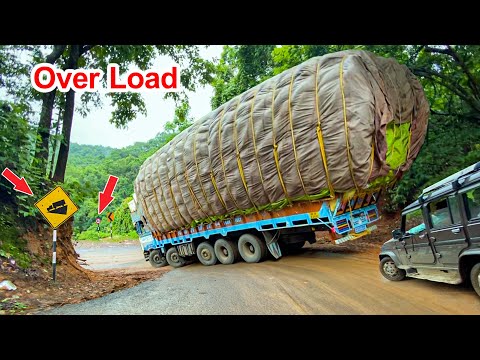 Lorry Videos : Heavy Overload Truck Dare Drive On Risky Ghat Downturns | Truck Video | Trucks in Mud