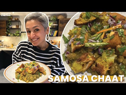 PUNJABI SAMOSA CHAAT - Best potato peas samosas with chatpati chole!