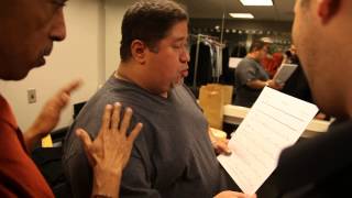 Papo Vazquez and Anthony Carrillo practicing a percussion part at Symphony Space