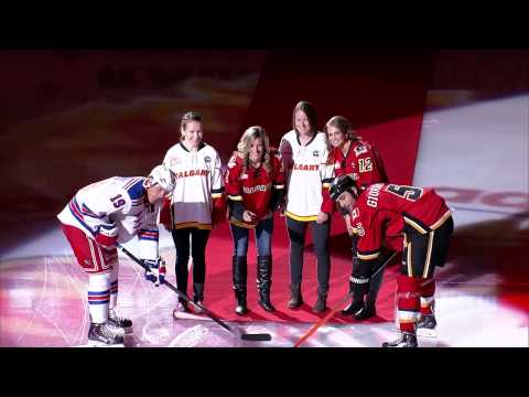Calgary Flames puck drop: Inferno players Larocque, Mikkelson and Watchorn at centre ice