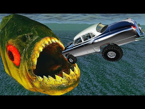BeamNG.drive - Cars Jumping into Mouth of Hungry PIRANHA
