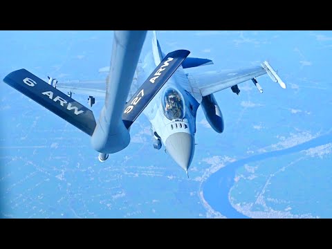 USAF KC-135 Stratotanker to provide aerial refueling for U.S. Air Force F-16 Fighting Falcons