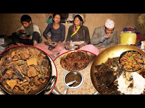 Buff Dry SKIN curry by dharme brother's family || village way to cook buff skin ||