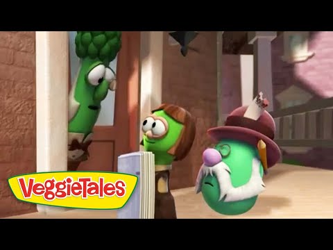 VeggieTales scene with three green vegetables: a tall one peeking through a doorway while two others look on, logo VeggieTales in the corner.