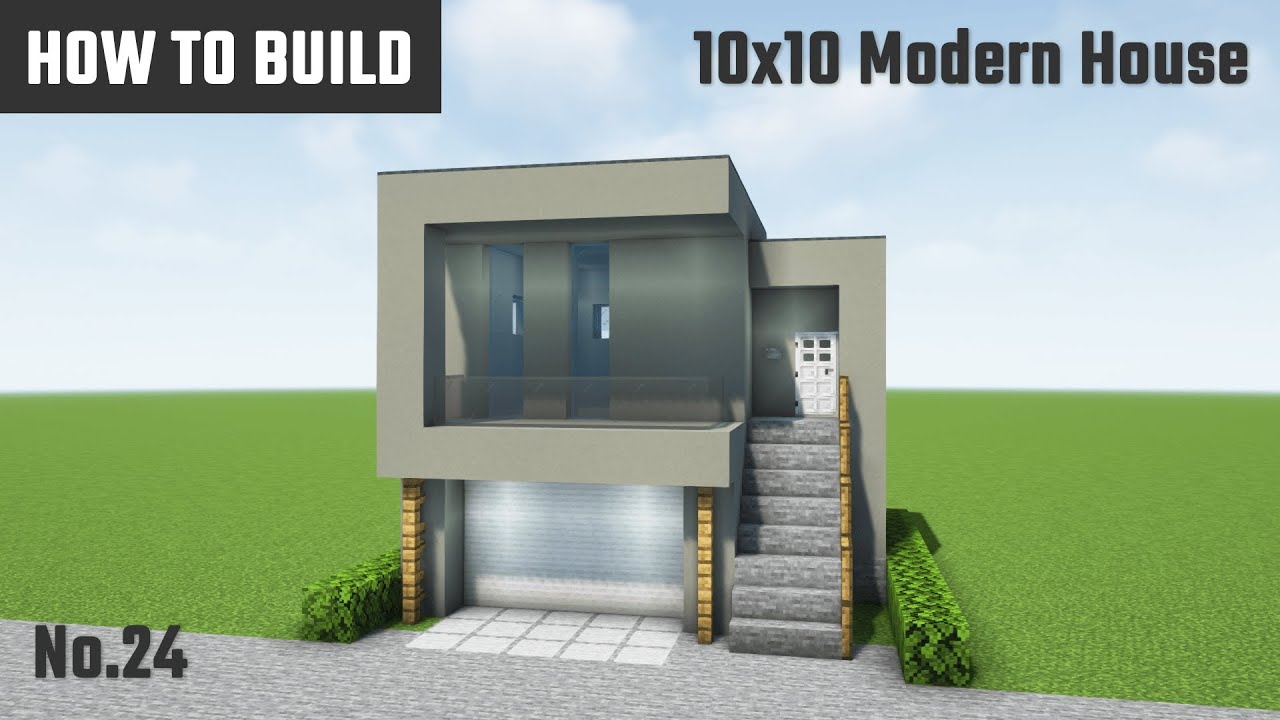 マイクラ建築:おしゃれでモダンなグレーの家の作り方。2階玄関とシャッター付きガレージ。10x10ブロックで簡単に。 No.24 ...
