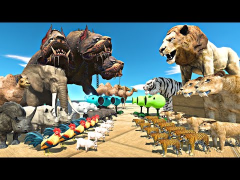Lion King Team Fights Giant Dog Team | Three Headed Dog vs Lion King -Animal Revolt Battle Simulator