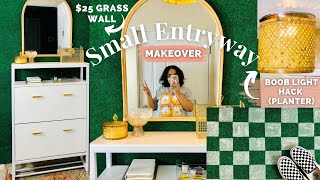 Extremely TINY Entryway Makeover + DIY Faux Grass Wall, Boob Light Hack, Amazon Shoe Cabinet Upgrade