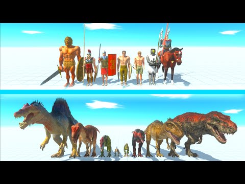 NEW ANCIENT HUMANS Team vs NEW CARNIVORE DINOSAURS Team - Animal Revolt Battle Simulator ARBS