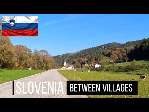 Driving in Slovenia between towns in the mountains with autumn colour