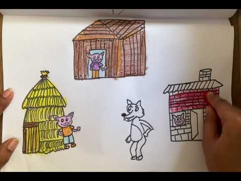 easy drawing & coloring of 3 little pigs and wolf by using crayons || relaxing activity ||