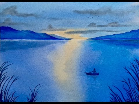 Blue Dusk Lake Demonstration: Watercolour Landscape Tutorial with Fishing Boat