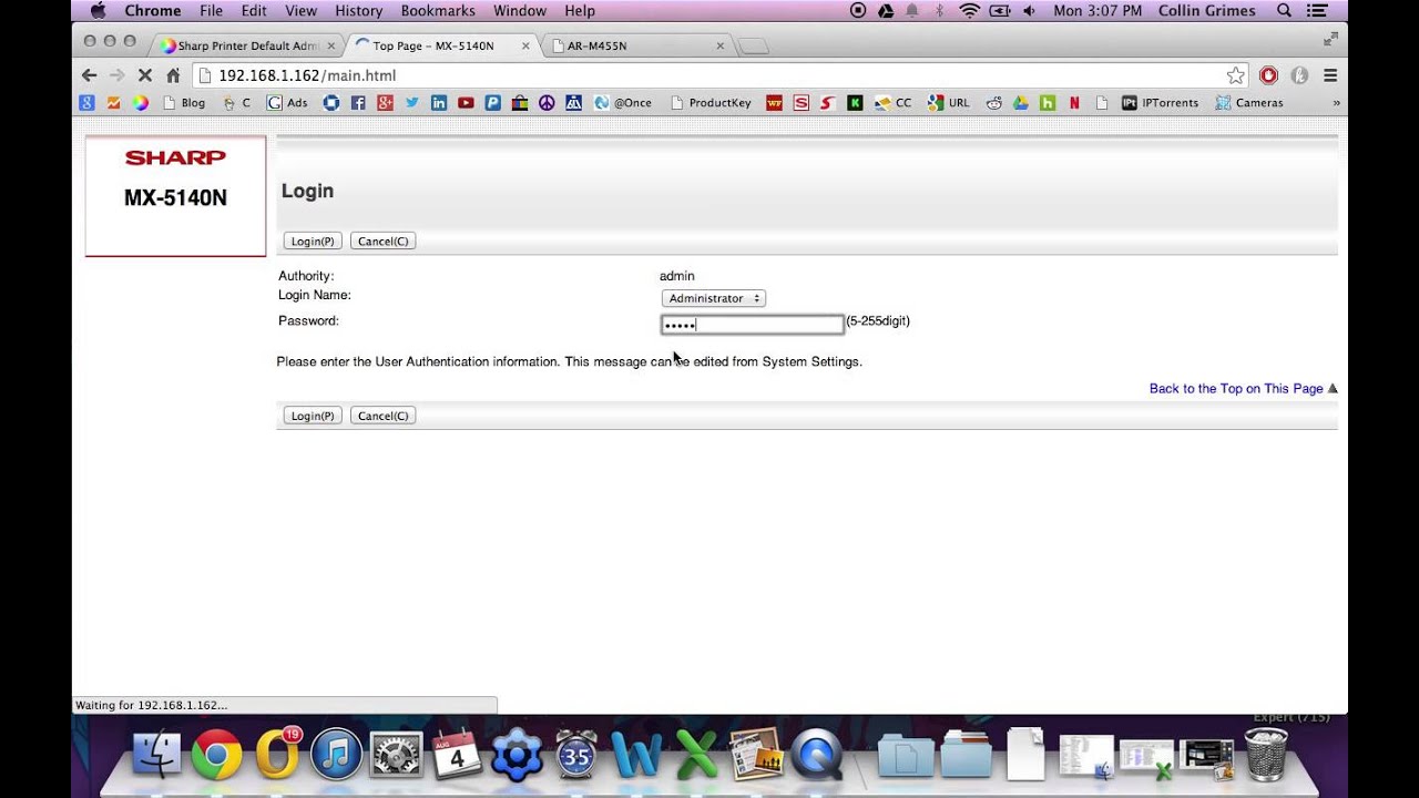 What is the default administrator password on a Sharp copier?