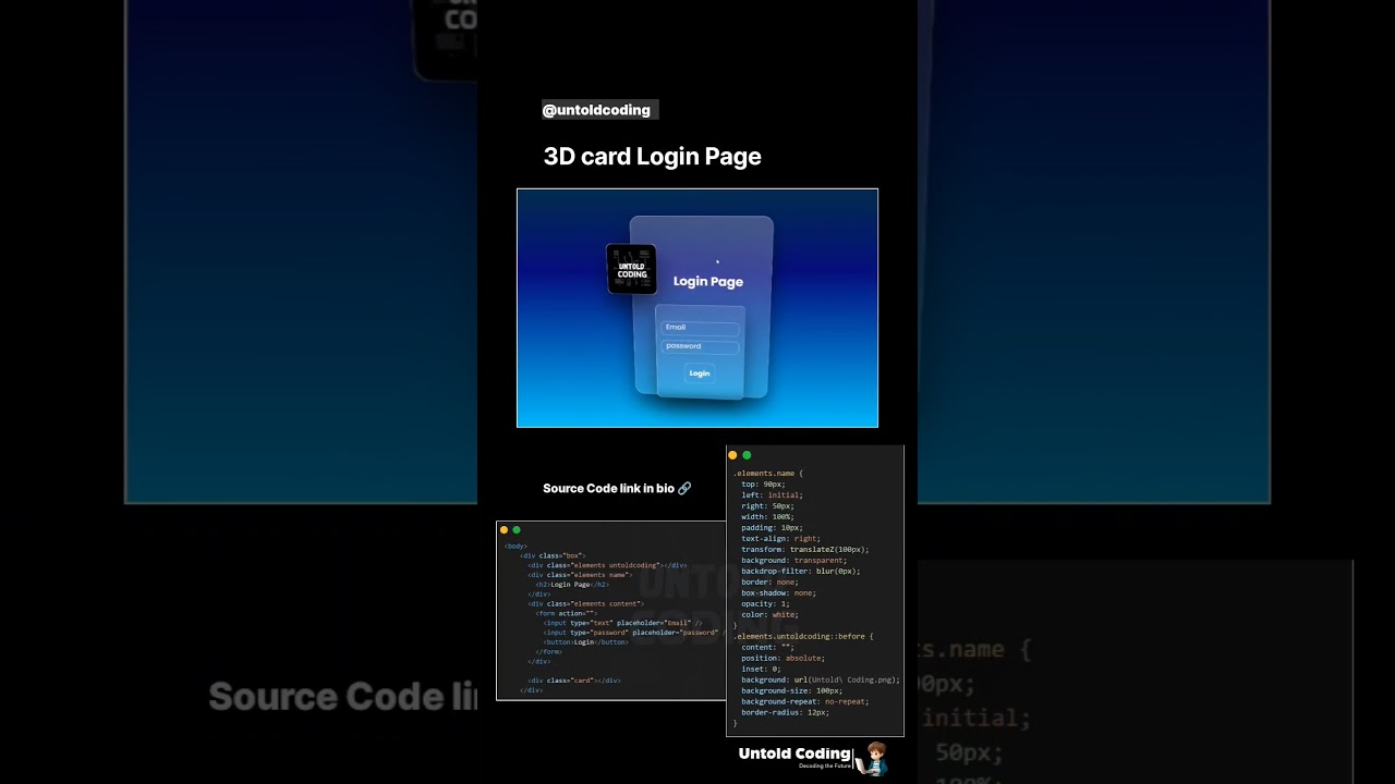 3d Card Login page html css | Best animation Login Page | #untoldcoding #webdevelopment