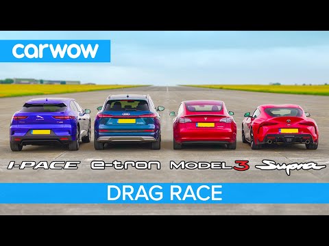 Tesla Model 3 vs I-Pace vs e-tron vs …SUPRA?! - Electric vs Petrol DRAG & ROLLING RACE & BRAKE TEST