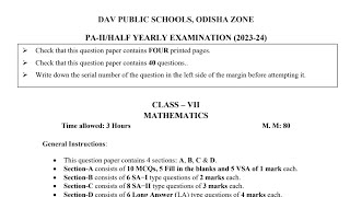 DAV Class 7 Maths Half Yearly Question paper 2023-2024, DAV class 7 Mathematics question Paper.