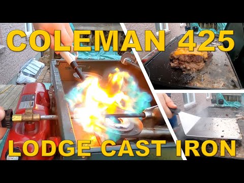 How to use a COLEMAN 425 camping stove - LODGE cast iron griddle seasoning