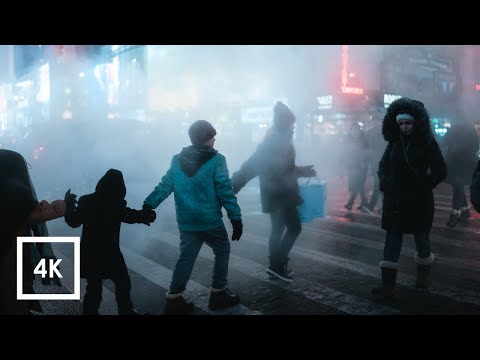 Snowfall in New York City Walk, Binaural City Sounds 4k (Broadway, Times Square, 7th Avenue)