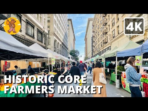 Historic Core Farmers Market, 4K Downtown Los Angeles Walking Tour, California | 🔊 Binaural Sound