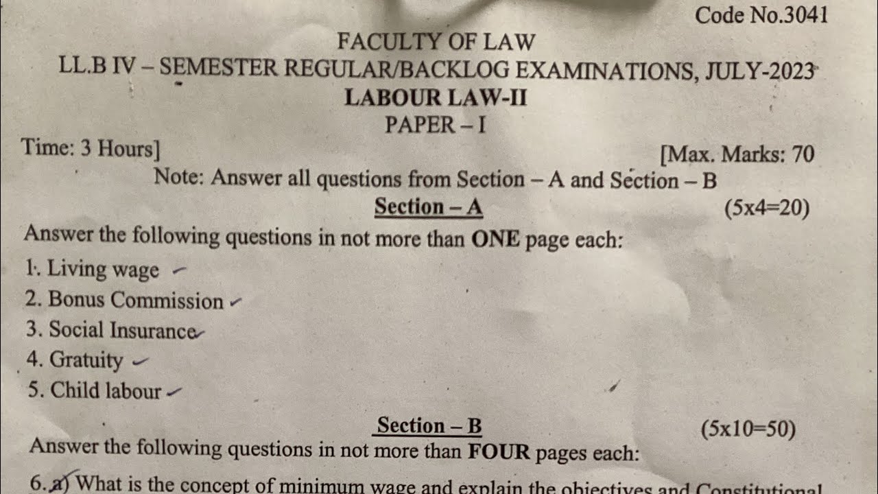 Labour law 2 question paper LLB semester 4 Telangana University